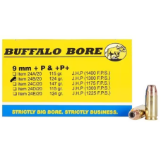 Buffalo Bore, 9mm Luger Ammo, +P+ 124 Grain Jacketed Hollow Point, Box of 20