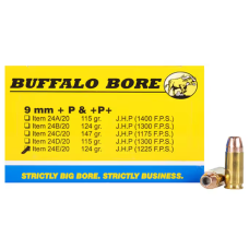 Buffalo Bore, 9mm Luger Ammo, +P 124 Grain Jacketed Hollow Point, Box of 20